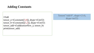 Adding Constants
#Add
tensor_a=tf.constant([3,4]], dtype=tf.int32)
tensor_b=tf.constant([[1,2]], dtype=tf.int32)
tensor_add=tf.add(tensorflow_a, tensor_b)
print(tensor_add)
Tensor("Add:0", shape=(3,4),
dtype=int32)
 