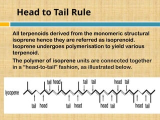 Head to Tail Rule
All terpenoids derived from the monomeric structural
isoprene hence they are referred as isoprenoid.
Isoprene undergoes polymerisation to yield various
terpenoid.
The polymer of isoprene units are connected together
in a “head-to-tail” fashion, as illustrated below.
 