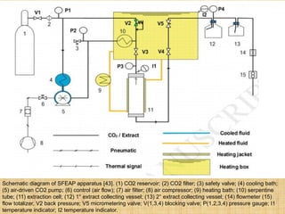 Extraction Methods
Schematic diagram of SFEAP apparatus [43]. (1) CO2 reservoir; (2) CO2 filter; (3) safety valve; (4) cooling bath;
(5) air-driven CO2 pump; (6) control (air flow); (7) air filter; (8) air compressor; (9) heating bath; (10) serpentine
tube; (11) extraction cell; (12) 1° extract collecting vessel; (13) 2° extract collecting vessel; (14) flowmeter (15)
flow totalizer, V2 back pressure; V5 micrometering valve; V(1,3,4) blocking valve; P(1,2,3,4) pressure gauge; I1
temperature indicator; I2 temperature indicator.
 