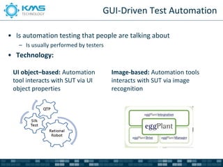 GUI-Driven Test Automation

• Is automation testing that people are talking about
   – Is usually performed by testers
• Technology:

 UI object–based: Automation           Image-based: Automation tools
 tool interacts with SUT via UI        interacts with SUT via image
 object properties                     recognition
 