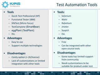 Test Automation Tools
• Tools                                  • Tools:
   –   Quick Test Professional (HP)         –   Selenium
   –   Functional Tester (IBM)              –   Watir
   –   SilkTest (Micro Focus)               –   Robotium
   –   TestComplete (SmartBear)             –   Jmeter
   –   eggPlant (TestPlant)                 –   SoapUI
   –   Etc.                                 –   Etc.
• Advantages                             • Advantages
   – Easy to use                            – Free
   – Support multiple technologies          – Can be integrated with other
                                              open source tools
• Disadvantages                          • Disadvantages
   – Costly option (> 2K/license)           – Some tools has limited support
   – Lack of customizations or limited        from community
     integration with other tools           – Need customizations to be
                                              suitable for product under test
 