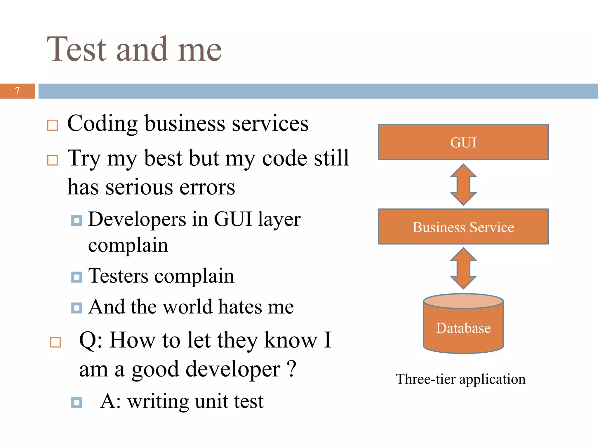 Test and me
7
 Coding business services
 Try my best but my code still
has serious errors
 Developers in GUI layer
complain
 Testers complain
 And the world hates me
 Q: How to let they know I
am a good developer ?
 A: writing unit test
Business Service
GUI
Database
Three-tier application
 