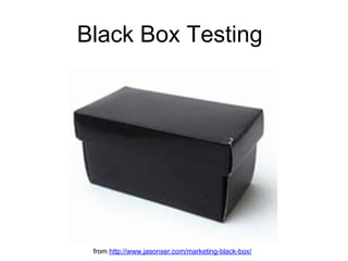 Black Box Testing




 from http://www.jasonser.com/marketing-black-box/
 