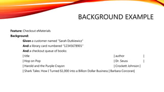 BACKGROUND EXAMPLE
Feature: Checkout eMaterials
Background:
Given a customer named “Sarah Dutkiewicz“
And a library card numbered “12345678901”
And a checkout queue of books:
| title | author |
| Hop on Pop | Dr. Seuss |
| Harold and the Purple Crayon | Crockett Johnson |
| Shark Tales: How I Turned $1,000 into a Billion Dollar Business | Barbara Corcoran|
 