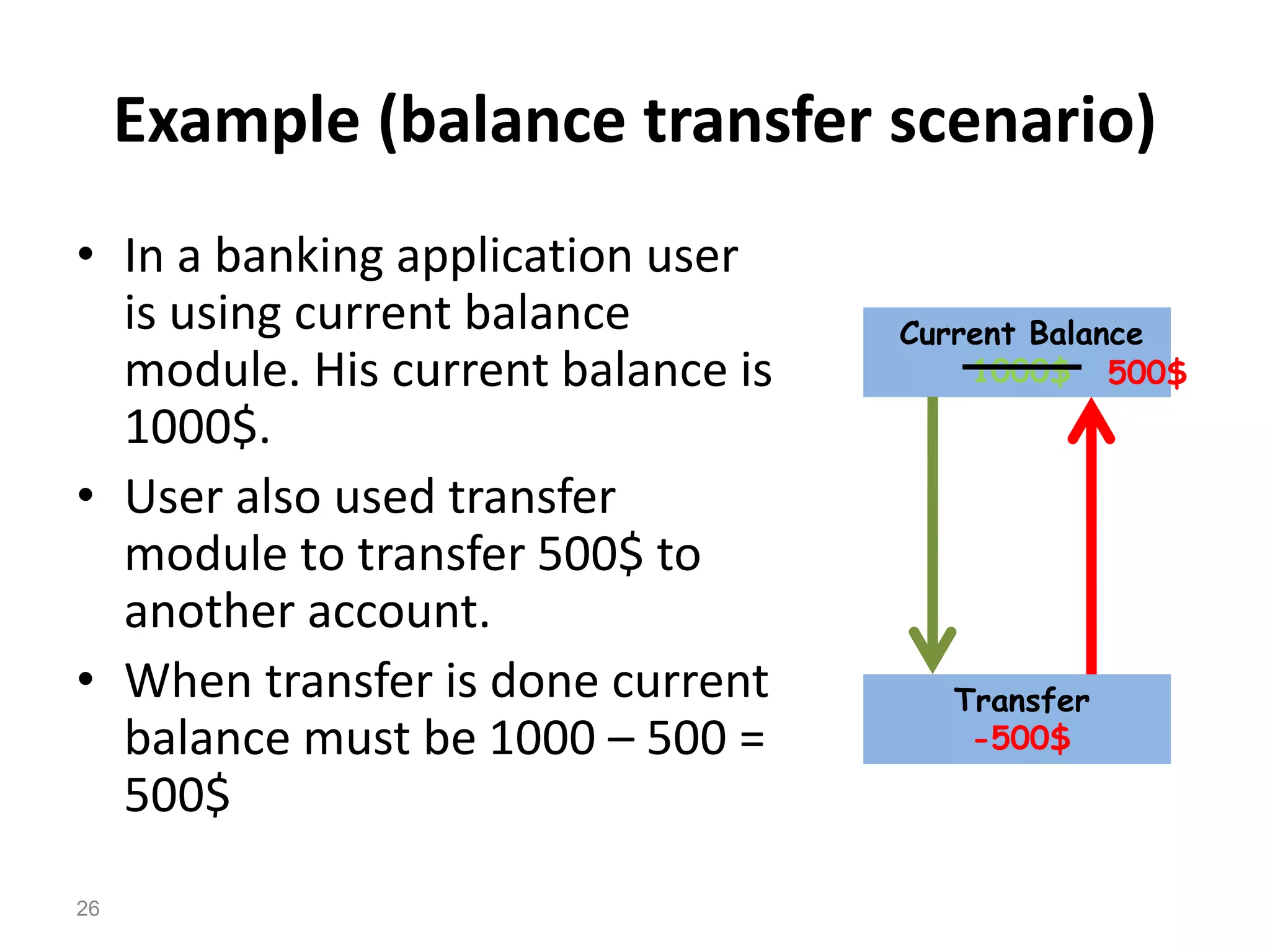 Example (balance transfer scenario)
• In a banking application user
is using current balance
module. His current balance is
1000$.
• User also used transfer
module to transfer 500$ to
another account.
• When transfer is done current
balance must be 1000 – 500 =
500$
Current Balance
1000$
Transfer
-500$
500$
26
 