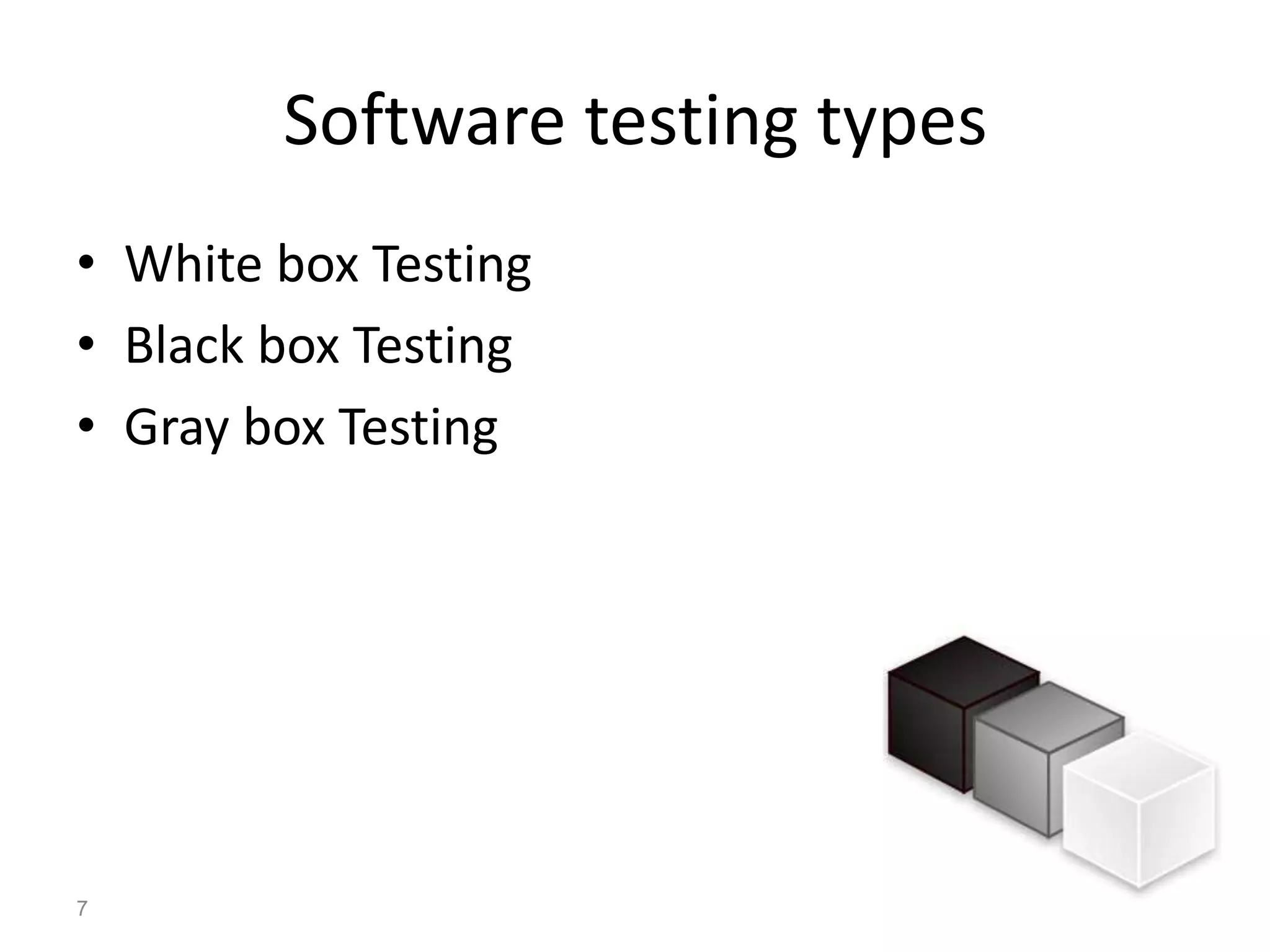 Software testing types
• White box Testing
• Black box Testing
• Gray box Testing
7
 