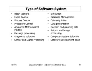 12/17/03 Bayu Hendradjaya - http://www.if.itb.ac.id/~bayu 13
Type of Software SystemType of Software System
• Batch (general)
• Event Control
• Process Control
• Procedure Control
• Advanced Mathematical
Models
• Message processing
• Diagnostic software
• Sensor and Signal Processing
• Simulation
• Database Management
• Data acquisition
• Data presentation
• Decision and planning aids
• Pattern and Image
processing
• Computer System Software
• Software Development Tools
 