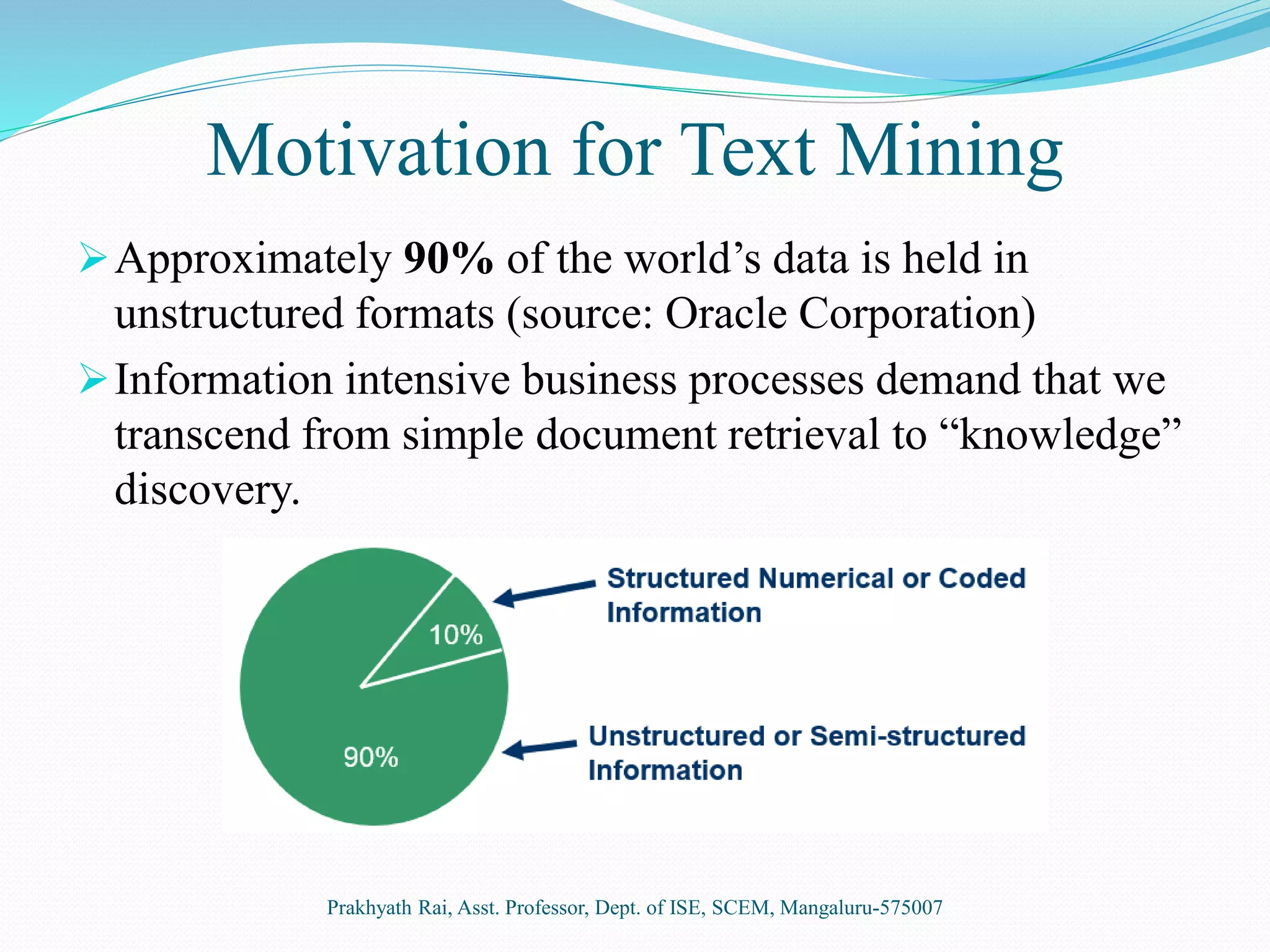 Motivation for Text Mining
Approximately 90% of the world’s data is held in
unstructured formats (source: Oracle Corporation)
Information intensive business processes demand that we
transcend from simple document retrieval to “knowledge”
discovery.
Prakhyath Rai, Asst. Professor, Dept. of ISE, SCEM, Mangaluru-575007
 