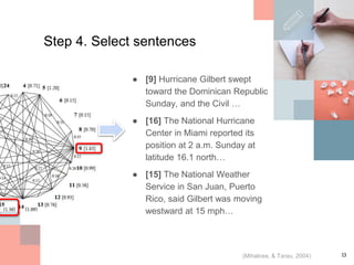 13
Step 4. Select sentences
● [9] Hurricane Gilbert swept
toward the Dominican Republic
Sunday, and the Civil …
● [16] The National Hurricane
Center in Miami reported its
position at 2 a.m. Sunday at
latitude 16.1 north…
● [15] The National Weather
Service in San Juan, Puerto
Rico, said Gilbert was moving
westward at 15 mph…
(Mihalcea, & Tarau, 2004)
 