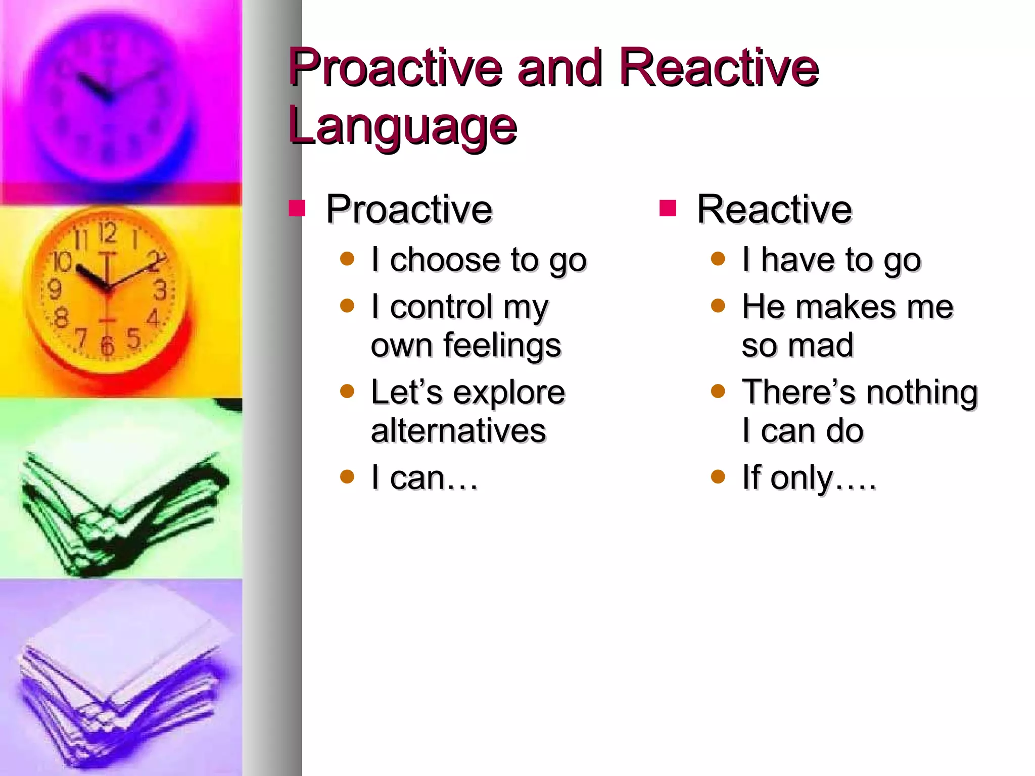 Proactive and Reactive Language Proactive I choose to go I control my own feelings Let’s explore alternatives I can… Reactive I have to go He makes me so mad There’s nothing I can do If only…. 