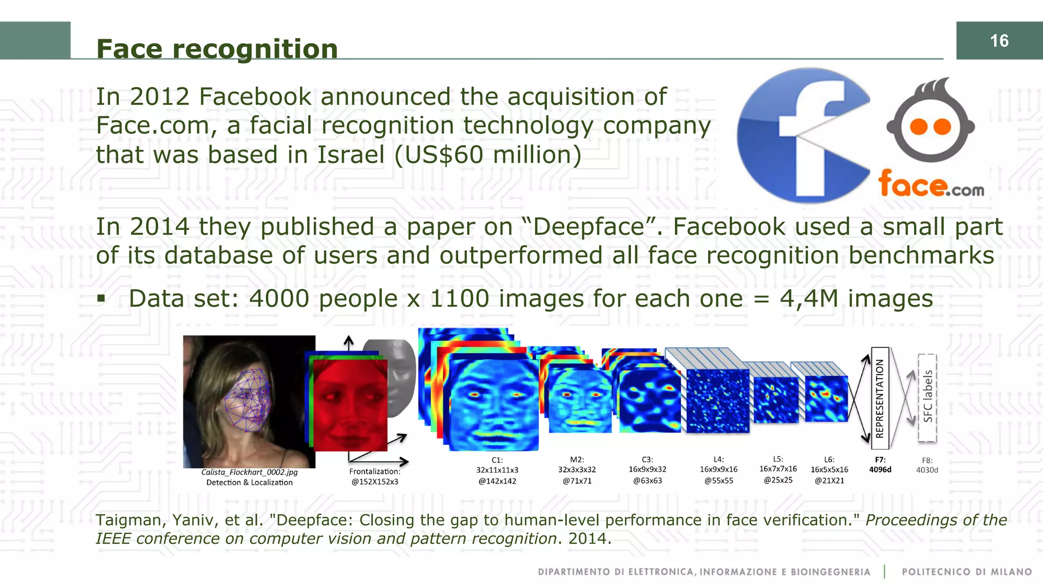 16
In 2012 Facebook announced the acquisition of
Face.com, a facial recognition technology company
that was based in Israel (US$60 million)
In 2014 they published a paper on “Deepface”. Facebook used a small part
of its database of users and outperformed all face recognition benchmarks
§ Data set: 4000 people x 1100 images for each one = 4,4M images
Taigman, Yaniv, et al. "Deepface: Closing the gap to human-level performance in face verification." Proceedings of the
IEEE conference on computer vision and pattern recognition. 2014.
Face recognition
 