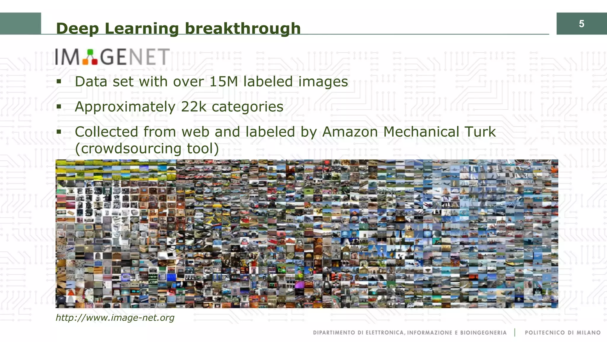 5
Deep Learning breakthrough
§ Data set with over 15M labeled images
§ Approximately 22k categories
§ Collected from web and labeled by Amazon Mechanical Turk
(crowdsourcing tool)
http://www.image-net.org
 