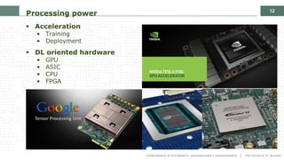 12
Processing power
§ Acceleration
• Training
• Deployment
§ DL oriented hardware
• GPU
• ASIC
• CPU
• FPGA
 