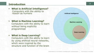 2
Introduction
§ What is Artificial Intelligence?
Computers with the ability to
reason as humans
§ What is Machine Learning?
Computers with the ability to learn
without being explicitly
programmed
§ What is Deep Learning?
Computers with the ability to learn
by using artificial neural networks,
which were inspired by the
structure and function of the brain
 