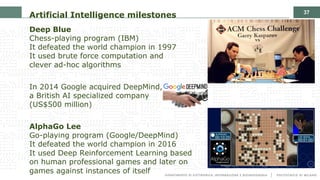 37
Artificial Intelligence milestones
Deep Blue
Chess-playing program (IBM)
It defeated the world champion in 1997
It used brute force computation and
clever ad-hoc algorithms
In 2014 Google acquired DeepMind,
a British AI specialized company
(US$500 million)
AlphaGo Lee
Go-playing program (Google/DeepMind)
It defeated the world champion in 2016
It used Deep Reinforcement Learning based
on human professional games and later on
games against instances of itself
 