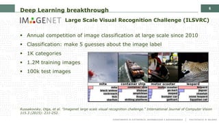 6
Deep Learning breakthrough
Large Scale Visual Recognition Challenge (ILSVRC)
§ Annual competition of image classification at large scale since 2010
§ Classification: make 5 guesses about the image label
§ 1K categories
§ 1.2M training images
§ 100k test images
Russakovsky, Olga, et al. "Imagenet large scale visual recognition challenge." International Journal of Computer Vision
115.3 (2015): 211-252.
 