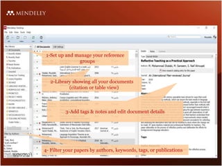 1-Set up and manage your reference
groups
2-Library showing all your documents
(citation or table view)
3-Add tags & notes and edit document details
4- Filter your papers by authors, keywords, tags, or publications
6/26/2021
 