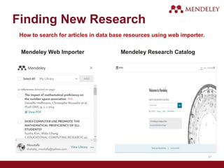 Finding New Research
Mendeley Web Importer Mendeley Research Catalog
How to search for articles in data base resources using web importer.
41
 