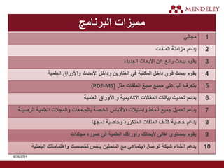 ‫البرنامج‬ ‫مميزات‬
‫مجاني‬ 1
‫الملفات‬ ‫مزامنة‬ ‫يدعم‬ 2
‫الجديدة‬ ‫األبحاث‬ ‫عن‬ ‫رائع‬ ‫ببحث‬ ‫يقوم‬ 3
‫العلمية‬ ‫واألوراق‬ ‫األبحاث‬ ‫وداخل‬ ‫العناوين‬ ‫في‬ ‫المكتبة‬ ‫داخل‬ ‫قوي‬ ‫ببحث‬ ‫يقوم‬ 4
(PDF-MS ‫مثل‬ ‫الملفات‬ ‫صيغ‬ ‫جميع‬ ‫علي‬ ‫أليا‬ ‫يتعرف‬
( 5
‫العلمية‬ ‫األوراق‬ ‫و‬ ‫االكاديمية‬ ‫المقاالت‬ ‫بيانات‬ ‫تحديث‬ ‫يدعم‬ 6
‫الرصينة‬ ‫العلمية‬ ‫والمجالت‬ ‫بالجامعات‬ ‫الخاصة‬ ‫االقتباس‬ ‫واستيالت‬ ‫أنماط‬ ‫جميع‬ ‫تحميل‬ ‫يدعم‬ 7
‫دمجها‬ ‫وخاصية‬ ‫المتكررة‬ ‫الملفات‬ ‫كشف‬ ‫خاصية‬ ‫يدعم‬ 8
‫مجلدات‬ ‫صوره‬ ‫في‬ ‫العلمية‬ ‫وأوراقك‬ ‫ألبحاثك‬ ‫عالي‬ ‫بمستوي‬ ‫يقوم‬ 9
‫البحثية‬ ‫واهتماماتك‬ ‫تخصصك‬ ‫بنفس‬ ‫الباحثين‬ ‫مع‬ ‫اجتماعي‬ ‫تواصل‬ ‫شبكة‬ ‫انشاء‬ ‫يدعم‬ 10
6/26/2021
 