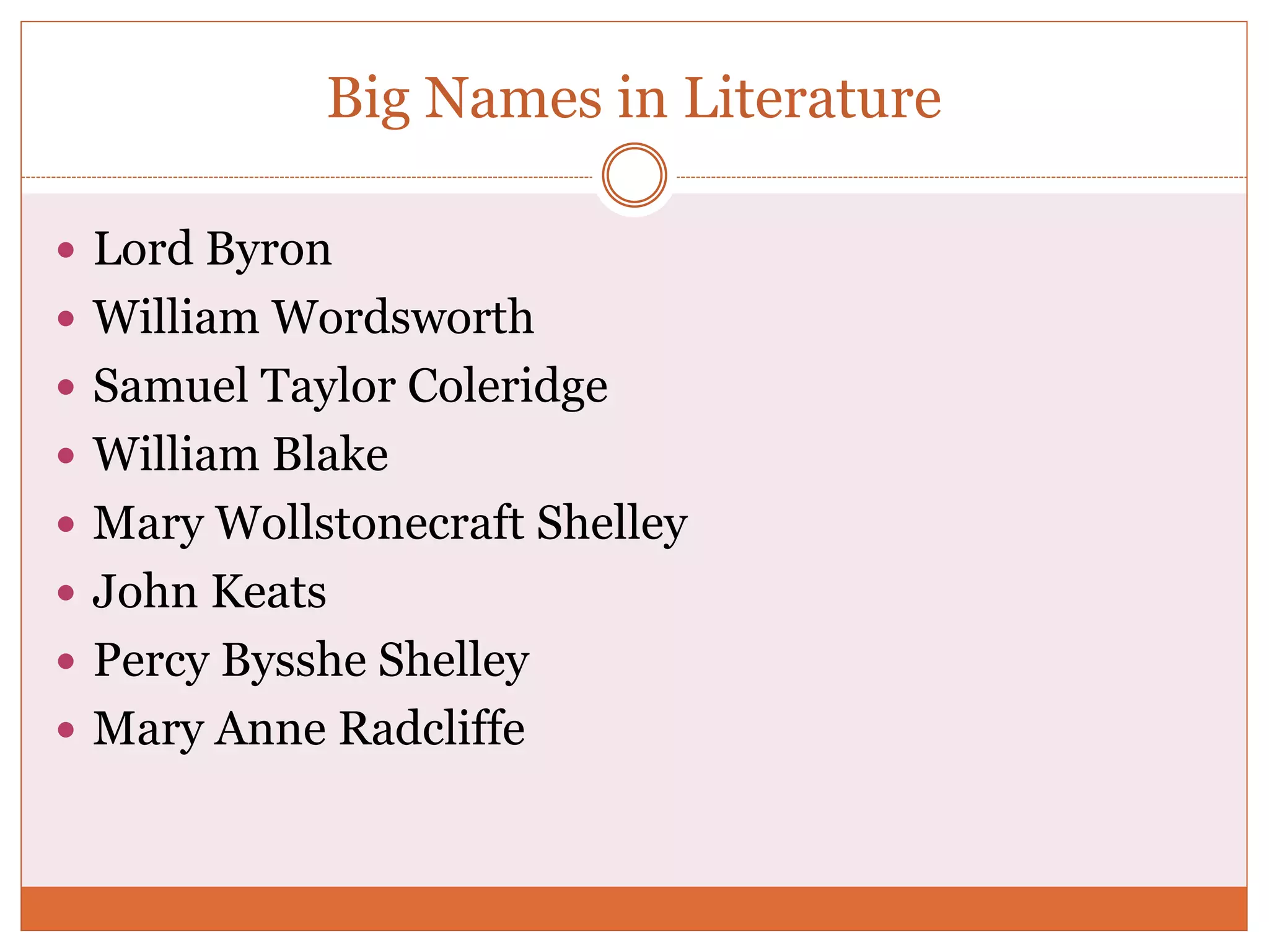 Big Names in Literature
 Lord Byron
 William Wordsworth
 Samuel Taylor Coleridge
 William Blake
 Mary Wollstonecraft Shelley
 John Keats
 Percy Bysshe Shelley
 Mary Anne Radcliffe
 