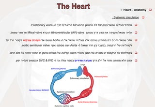 
Heart – Anatomy
:

Systemic circulation
:

‫מתחיל‬
‫מעלייה‬
‫שמאל‬
‫המקבלת‬
‫דם‬
‫מחומצן‬
‫מהמערכת‬
‫הריאתית‬
‫דרך‬
‫ה‬
-
Pulmonary veins
.

‫עלייה‬
‫שמאל‬
‫מעבירה‬
‫את‬
‫הדם‬
‫דרך‬
‫מסתם‬
Atrioventricular (AV) valve
‫הנקרא‬
Mitral valve
‫אל‬
‫חדר‬
‫שמאל‬
.

‫חדר‬
‫שמאל‬
‫מזרים‬
‫דם‬
‫מחומצן‬
‫שנכנס‬
‫אליו‬
‫מעלייה‬
‫שמאל‬
‫אל‬
‫ה‬
-
Aorta
‫ומשם‬
‫אל‬
‫מערכת‬
‫עורקים‬
‫בקוטר‬
‫יורד‬
‫עד‬
‫לקפילרות‬
‫של‬
‫הרקמות‬
.
‫במעבר‬
‫בין‬
‫חדר‬
‫שמאל‬
‫ל‬
-
Aorta
‫ישנו‬
‫מסתם‬
‫נוסף‬
aortic semilunar valve
.

‫בקפילרות‬
‫של‬
‫הרקמות‬
‫יש‬
‫מסירה‬
‫של‬
‫חמצן‬
‫ותוצרי‬
‫תזונה‬
‫וקליטה‬
‫של‬
‫פסולת‬
‫ופחמן‬
‫דו‬
‫חמצני‬
‫חזרה‬
‫אל‬
‫זרם‬
‫הדם‬
.

‫הדם‬
‫הלא‬
‫מחומצן‬
‫חוזר‬
‫אל‬
‫הלב‬
‫דרך‬
‫מערכת‬
‫וורידים‬
‫בקוטר‬
‫עולה‬
‫עד‬
‫ל‬
-
SVC & IVC
‫הנכנסים‬
‫לעלייה‬
‫ימין‬
.
Pulmonary arteries
Pulmonary Veins
Aorta>Arteries>Arterioles
Venules>Veins> SVC&IVC
 