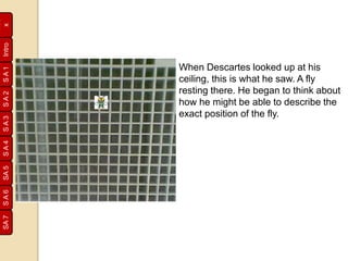 SA1SA2SA3SA4SA5SA6SA7
Inde
xIntro
When Descartes looked up at his
ceiling, this is what he saw. A fly
resting there. He began to think about
how he might be able to describe the
exact position of the fly.
 