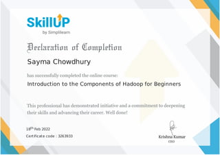 Sayma Chowdhury
Introduction to the Components of Hadoop for Beginners
18th Feb 2022
Certificate code : 3263933
 