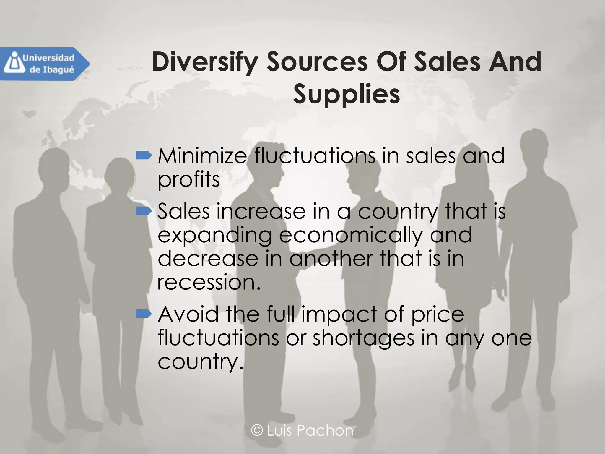 © Luis Pachon
Diversify Sources Of Sales And
Supplies
Minimize fluctuations in sales and profits
Sales increase in a country that is
expanding economically and decrease in
another that is in recession.
Avoid the full impact of price fluctuations
or shortages in any one country.
 