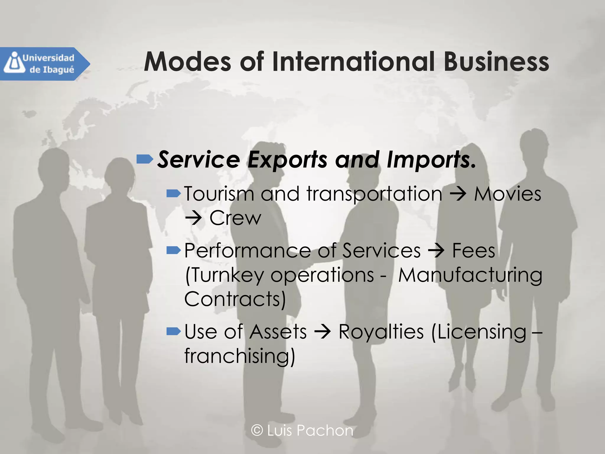 © Luis Pachon
Modes of International Business
Service Exports and Imports.
Tourism and transportation  Movies 
Crew
Performance of Services  Fees (Turnkey
operations - Manufacturing Contracts)
Use of Assets  Royalties (Licensing –
franchising)
 