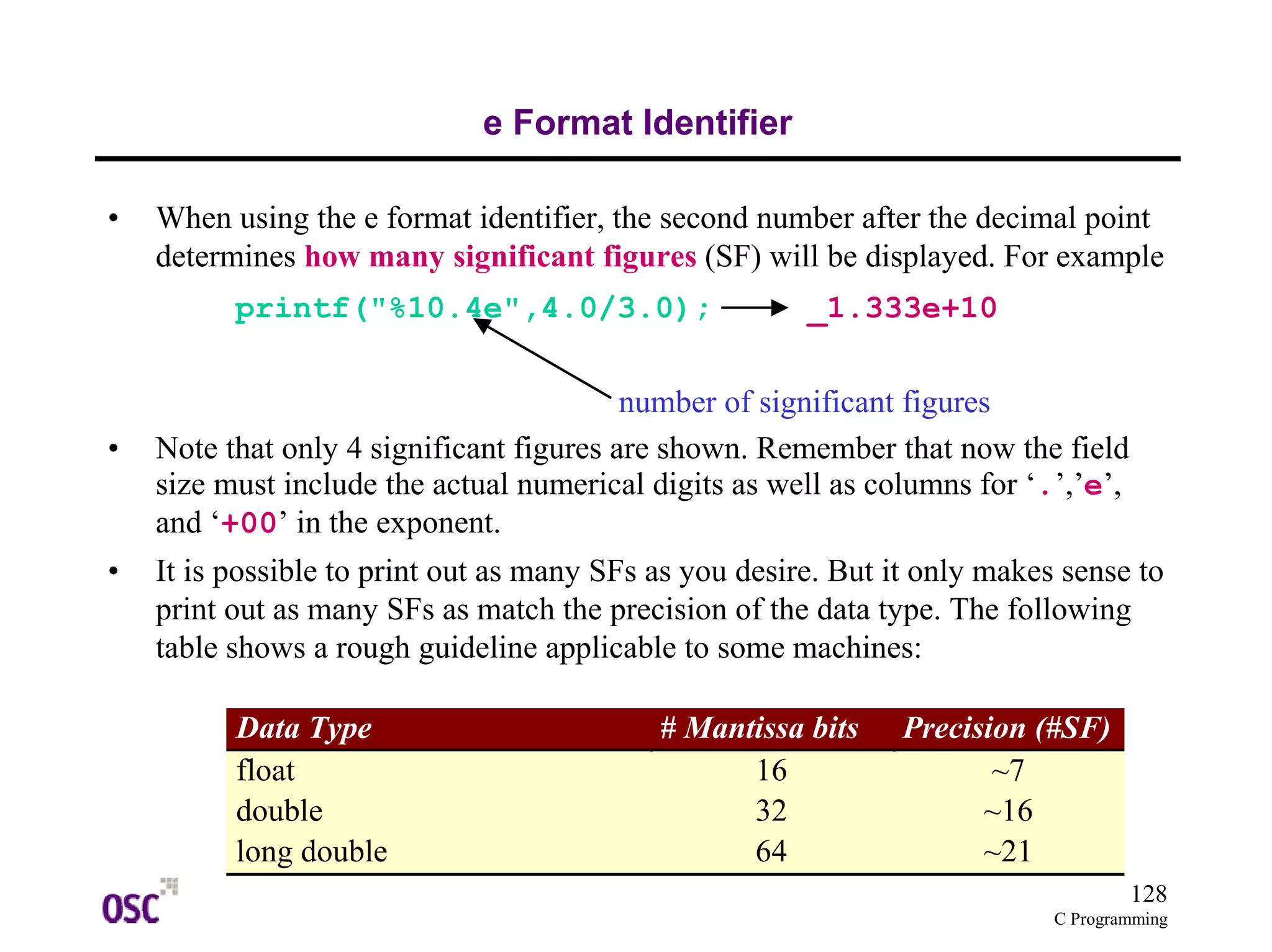 128 
C Programming 
e Format Identifier 
• When using the e format identifier, the second number after the decimal point 
determines how many significant figures (SF) will be displayed. For example 
printf("%10.4e",4.0/3.0); _1.333e+10 
number of significant figures 
• Note that only 4 significant figures are shown. Remember that now the field 
size must include the actual numerical digits as well as columns for ‘.’,’e’, 
and ‘+00’ in the exponent. 
• It is possible to print out as many SFs as you desire. But it only makes sense to 
print out as many SFs as match the precision of the data type. The following 
table shows a rough guideline applicable to some machines: 
Data Type # Mantissa bits Precision (#SF) 
float 16 ~7 
double 32 ~16 
long double 64 ~21 
 