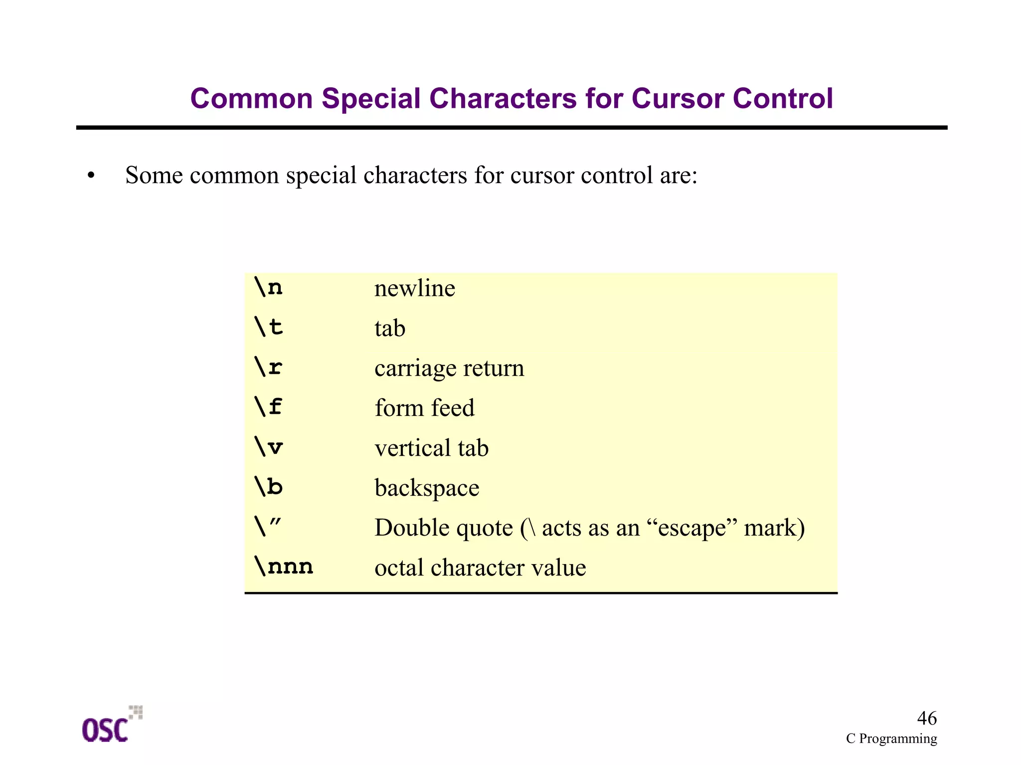 46
C Programming
Common Special Characters for Cursor Control
• Some common special characters for cursor control are:
n newline
t tab
r carriage return
f form feed
v vertical tab
b backspace
” Double quote ( acts as an “escape” mark)
nnn octal character value
 