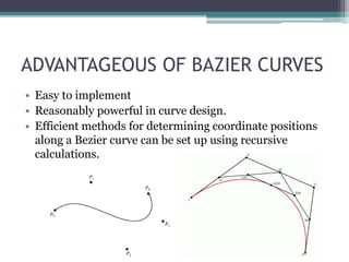 ADVANTAGEOUS OF BAZIER CURVES
• Easy to implement
• Reasonably powerful in curve design.
• Efficient methods for determining coordinate positions
along a Bezier curve can be set up using recursive
calculations.
 