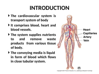 INTRODUCTION
 The cardiovascular system is
transport system of body
 It comprises blood, heart and
blood vessels.
 The system supplies nutrients
to and remove waste
products from various tissue
of body.
 The conveying media is liquid
in form of blood which flows
in close tubular system.
Figure 1-2(f)
 