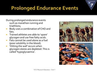 During prolonged endurance events
  such as marathon running and
  triathlons;
 Body uses a combination of CHO and
  fats.
 Trained athletes are able to ‘spare’
  glycogen and use free fatty acids.
 Fats cannot be used alone as a fuel
  (poor solubility in the blood).
 ‘Hitting the wall’ occurs when
  glycogen stores are depleted. This is
  called ‘hypoglycaemia’.




                        VCE Physical Education - Unit 3
 