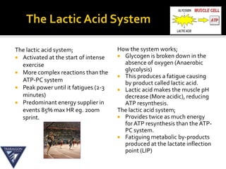 The lactic acid system;               How the system works;
 Activated at the start of intense    Glycogen is broken down in the
  exercise                              absence of oxygen (Anaerobic
 More complex reactions than the
                                        glycolysis)
                                       This produces a fatigue causing
  ATP-PC system                         by product called lactic acid.
 Peak power until it fatigues (2-3    Lactic acid makes the muscle pH
  minutes)                              decrease (More acidic), reducing
 Predominant energy supplier in        ATP resynthesis.
  events 85% max HR eg. 200m          The lactic acid system;
  sprint.                              Provides twice as much energy
                                        for ATP resynthesis than the ATP-
                                        PC system.
                                       Fatiguing metabolic by-products
                                        produced at the lactate inflection
                                        point (LIP)
 