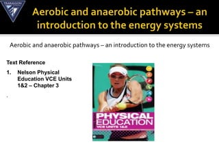 Aerobic and anaerobic pathways – an introduction to the energy systems

Text Reference
1.    Nelson Physical
      Education VCE Units
      1&2 – Chapter 3
.
 