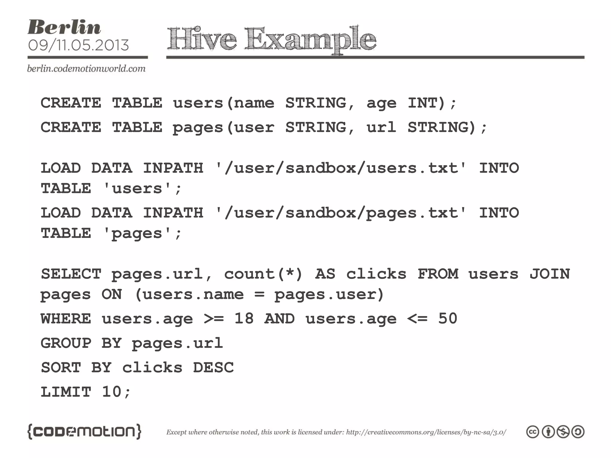 Hive Example
CREATE TABLE users(name STRING, age INT);
CREATE TABLE pages(user STRING, url STRING);
LOAD DATA INPATH '/user/sandbox/users.txt' INTO
TABLE 'users';
LOAD DATA INPATH '/user/sandbox/pages.txt' INTO
TABLE 'pages';
SELECT pages.url, count(*) AS clicks FROM users JOIN
pages ON (users.name = pages.user)
WHERE users.age >= 18 AND users.age <= 50
GROUP BY pages.url
SORT BY clicks DESC
LIMIT 10;
 