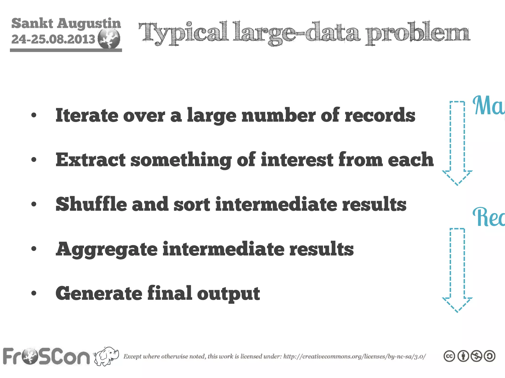 Sankt Augustin
24-25.08.2013 Typical large-data problem
• Iterate over a large number of records
• Extract something of interest from each
• Shuffle and sort intermediate results
• Aggregate intermediate results
• Generate final output
MapReduce
 