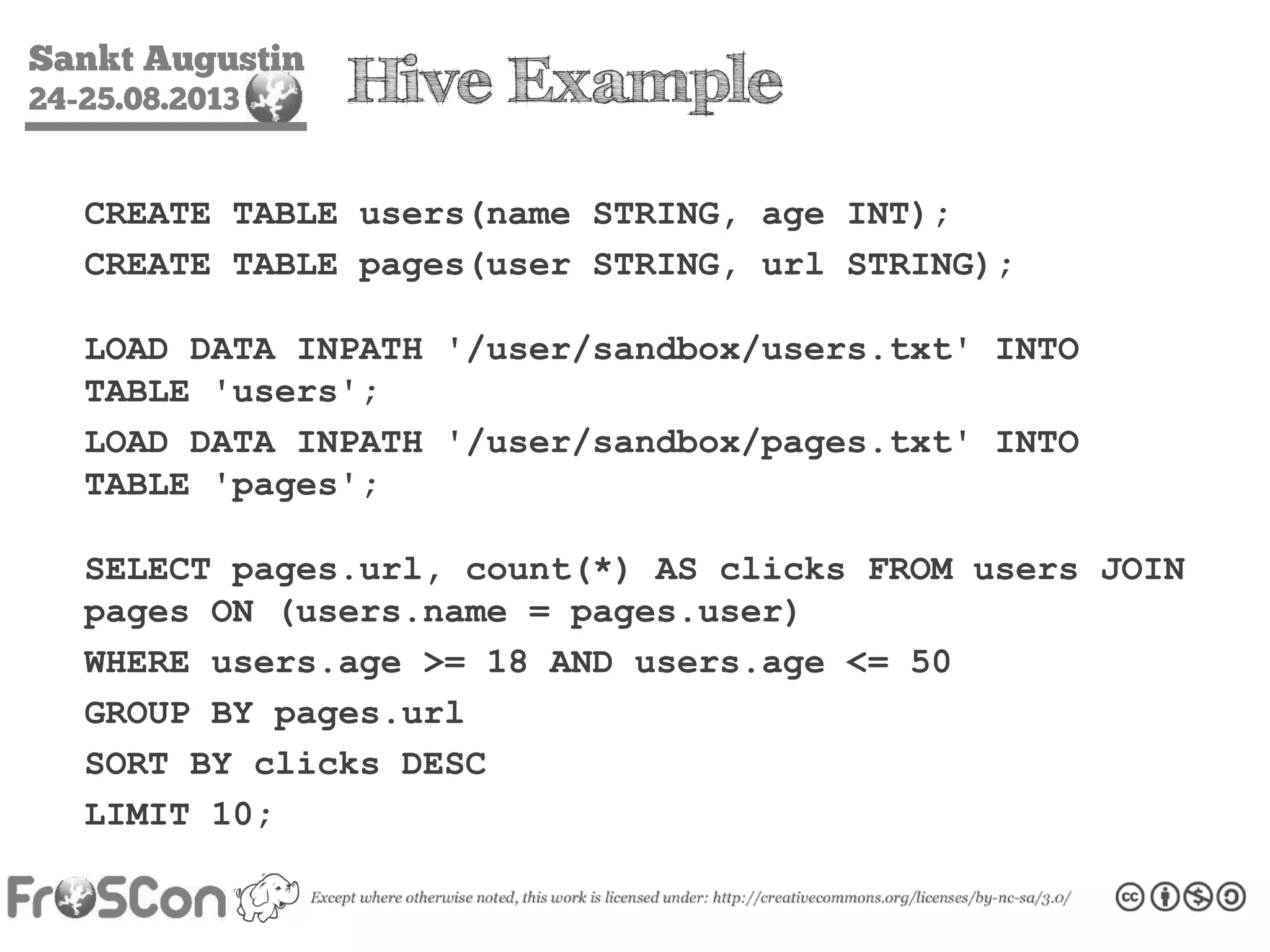 Sankt Augustin
24-25.08.2013 Hive Example
CREATE TABLE users(name STRING, age INT);
CREATE TABLE pages(user STRING, url STRING);
LOAD DATA INPATH '/user/sandbox/users.txt' INTO
TABLE 'users';
LOAD DATA INPATH '/user/sandbox/pages.txt' INTO
TABLE 'pages';
SELECT pages.url, count(*) AS clicks FROM users JOIN
pages ON (users.name = pages.user)
WHERE users.age >= 18 AND users.age <= 50
GROUP BY pages.url
SORT BY clicks DESC
LIMIT 10;
 
