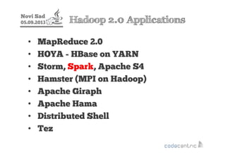 Novi Sad
05.09.2013 Hadoop 2.0 Applications
• MapReduce 2.0
• HOYA - HBase on YARN
• Storm, Spark, Apache S4
• Hamster (MP...