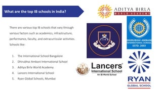 Challenge 1
There are various top IB schools that vary through
various factors such as academics, infrastructure,
performance, faculty, and extracurricular activities.
Schools like:
What are the top IB schools in India?
1. The International School Bangalore
2. Dhirubhai Ambani International School
3. Aditya Birla World Academy
4. Lancers International School
5. Ryan Global Schools, Mumbai
 