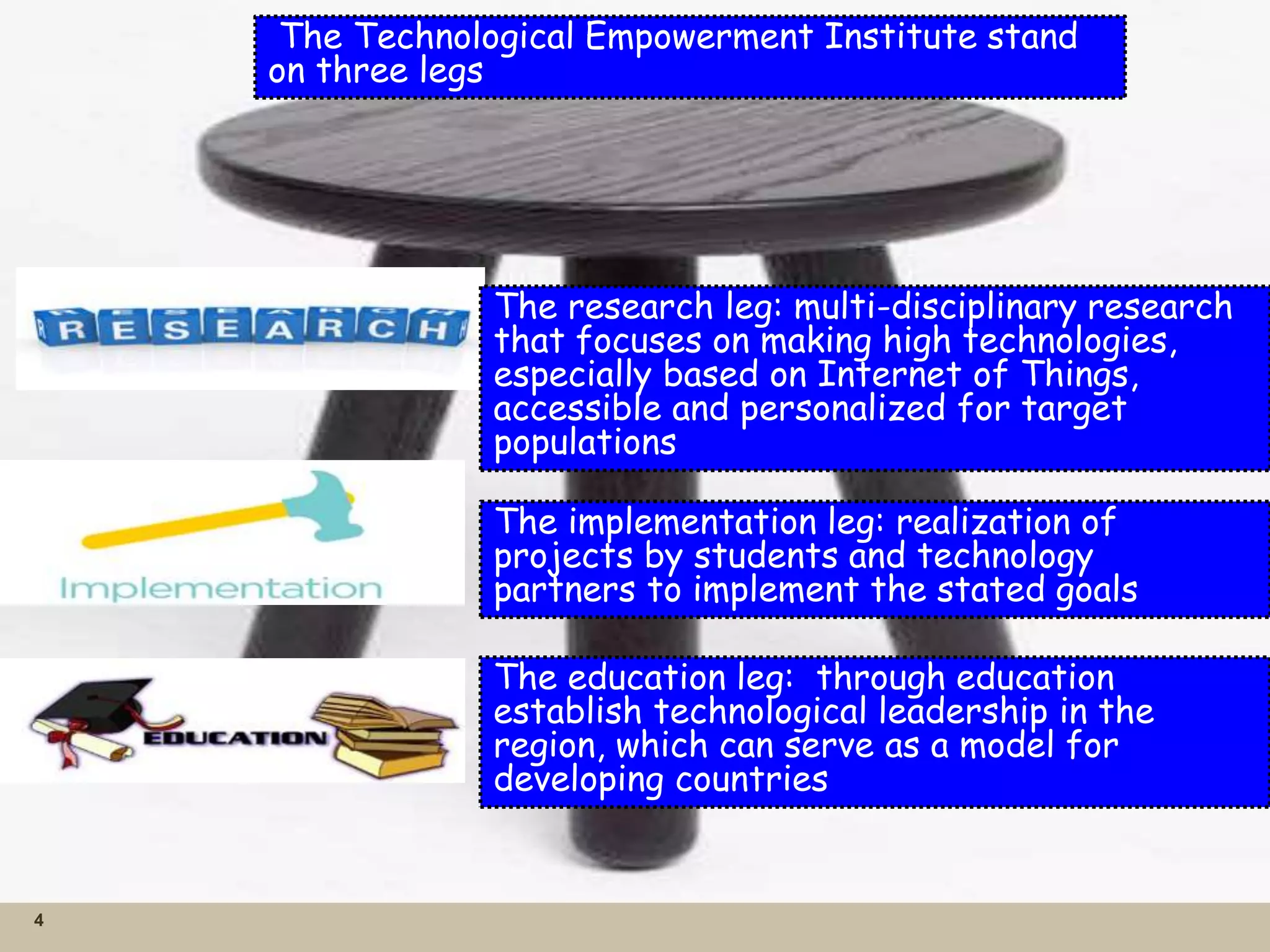4
The Technological Empowerment Institute stand
on three legs
The research leg: multi-disciplinary research
that focuses on making high technologies,
especially based on Internet of Things,
accessible and personalized for target
populations
The implementation leg: realization of
projects by students and technology
partners to implement the stated goals
The education leg: through education
establish technological leadership in the
region, which can serve as a model for
developing countries
 