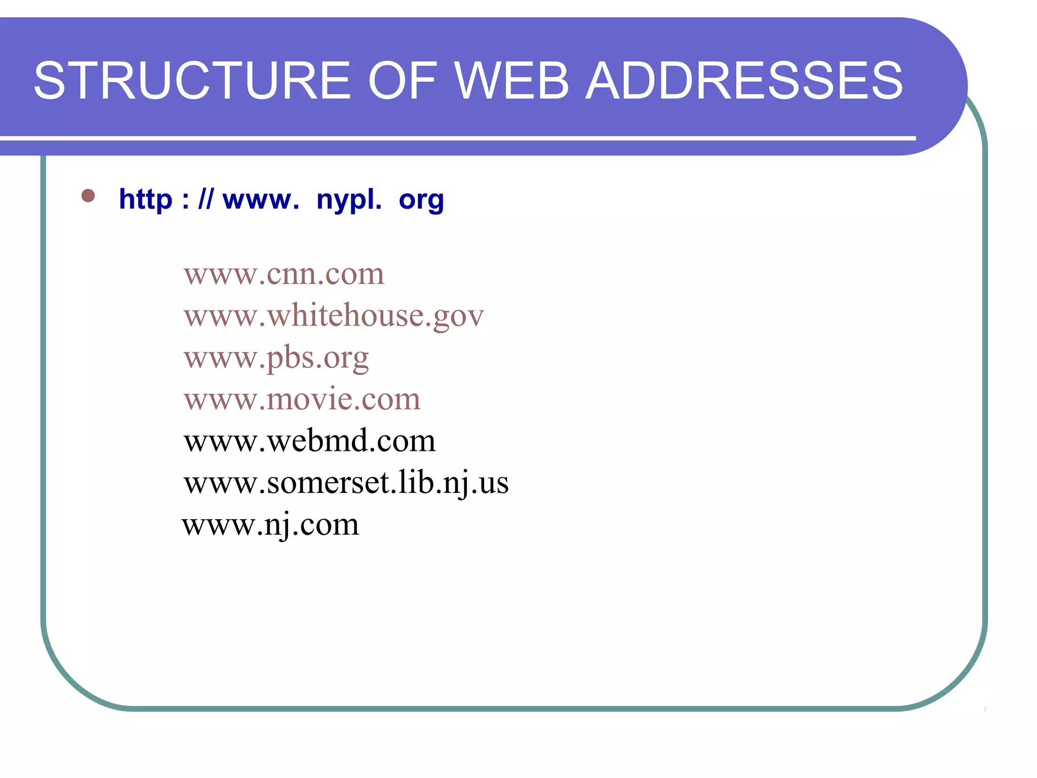 STRUCTURE OF WEB ADDRESSES

    http : // www. nypl. org

         www.cnn.com
         www.whitehouse.gov
         www.pbs.org
         www.movie.com
         www.webmd.com
         www.somerset.lib.nj.us
         www.nj.com
 