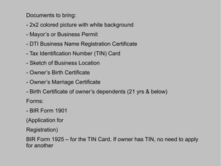 After securing your DTI registration which usually takes around a week or 2 if your business name does not have any conflict in their records go to your barangay hall to get your barangay permit. Fees for the barangay permit would depend on your respective barangays. After securing your barangay permit then proceed to your city or municipal hall to get your business license. Requirements for the Business License 1.  DTI Registration 2.  Barangay Clearance 3.  In most cases you are asked to undertake a “Deed of  Undertaking” 