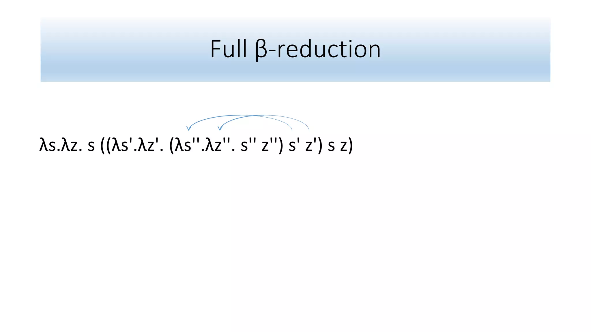 Full β-reduction
λs.λz. s ((λs'.λz'. (λs''.λz''. s'' z'') s' z') s z)
 