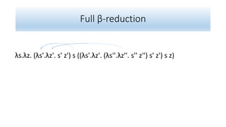 Full β-reduction
λs.λz. (λs'.λz'. s' z') s ((λs'.λz'. (λs''.λz''. s'' z'') s' z') s z)
 