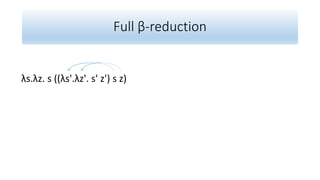 Full β-reduction
λs.λz. s ((λs'.λz'. s' z') s z)
 