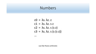 Numbers
c0 = λs. λz. z
c1 = λs. λz. s z
c2 = λs. λz. s (s z)
c3 = λs. λz. s (s (s z))
…
Just like Peano arithmetic
 
