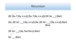 Recursion
(λf. (λx. f (λy. x x y)) (λx. f (λy. x x y))) (λf. λx. __) (bar)
(λx. (λf. λx'. __) (λy. x x y)) (λx. (λf. λx'. __) (λy. x x y)) (bar)
(foo)
(λf. λx'. __) (λy. foo foo y) (bar)
λx'. __ (bar)
 