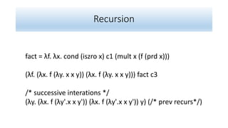Recursion
fact = λf. λx. cond (iszro x) c1 (mult x (f (prd x)))
(λf. (λx. f (λy. x x y)) (λx. f (λy. x x y))) fact c3
/* successive interations */
(λy. (λx. f (λy'.x x y')) (λx. f (λy'.x x y')) y) (/* prev recurs*/)
 